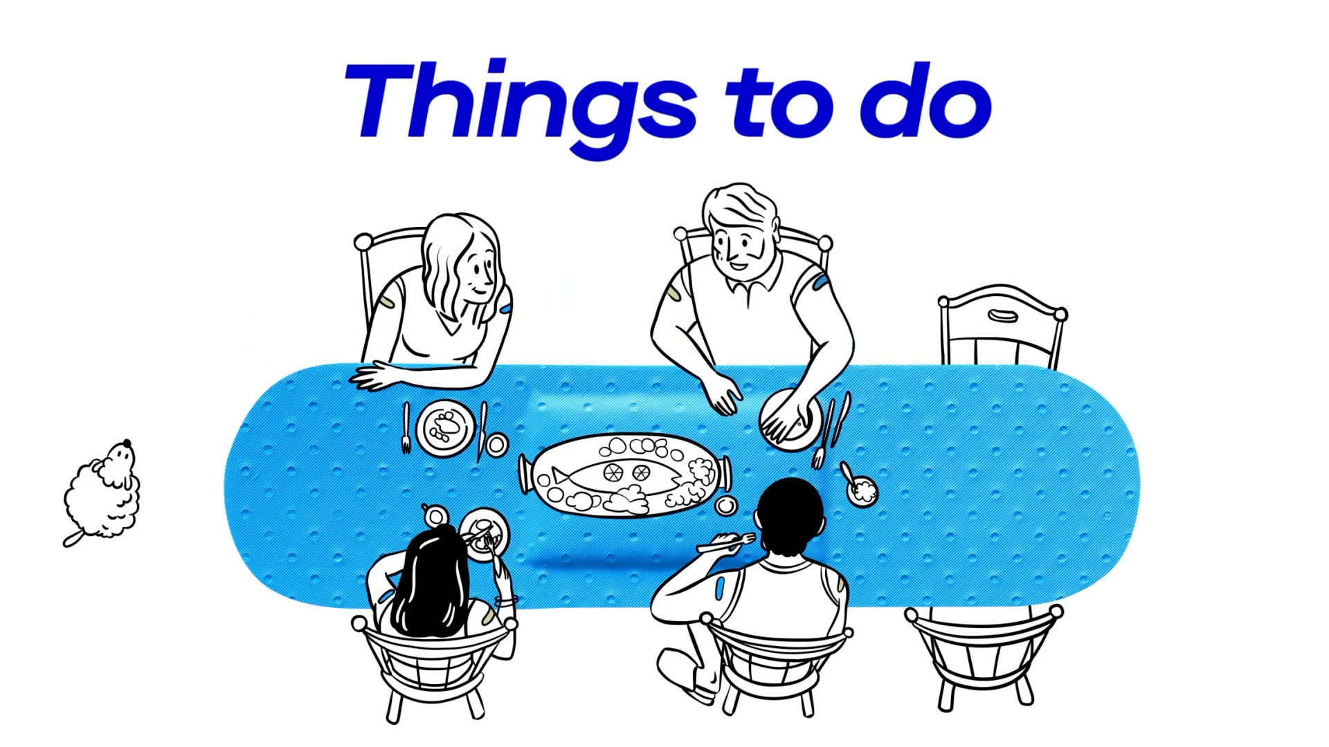 A line drawing where a blue plaster becomes a dinner table