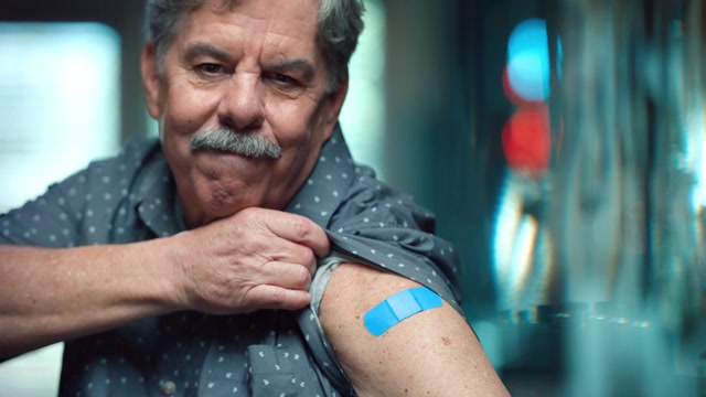 A man rolls up his sleeve to show a blue plaster in Pfizer My Reason, live action by LOBO