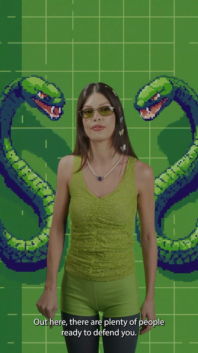 The twin flanked by two cartoon snakes on a green grid