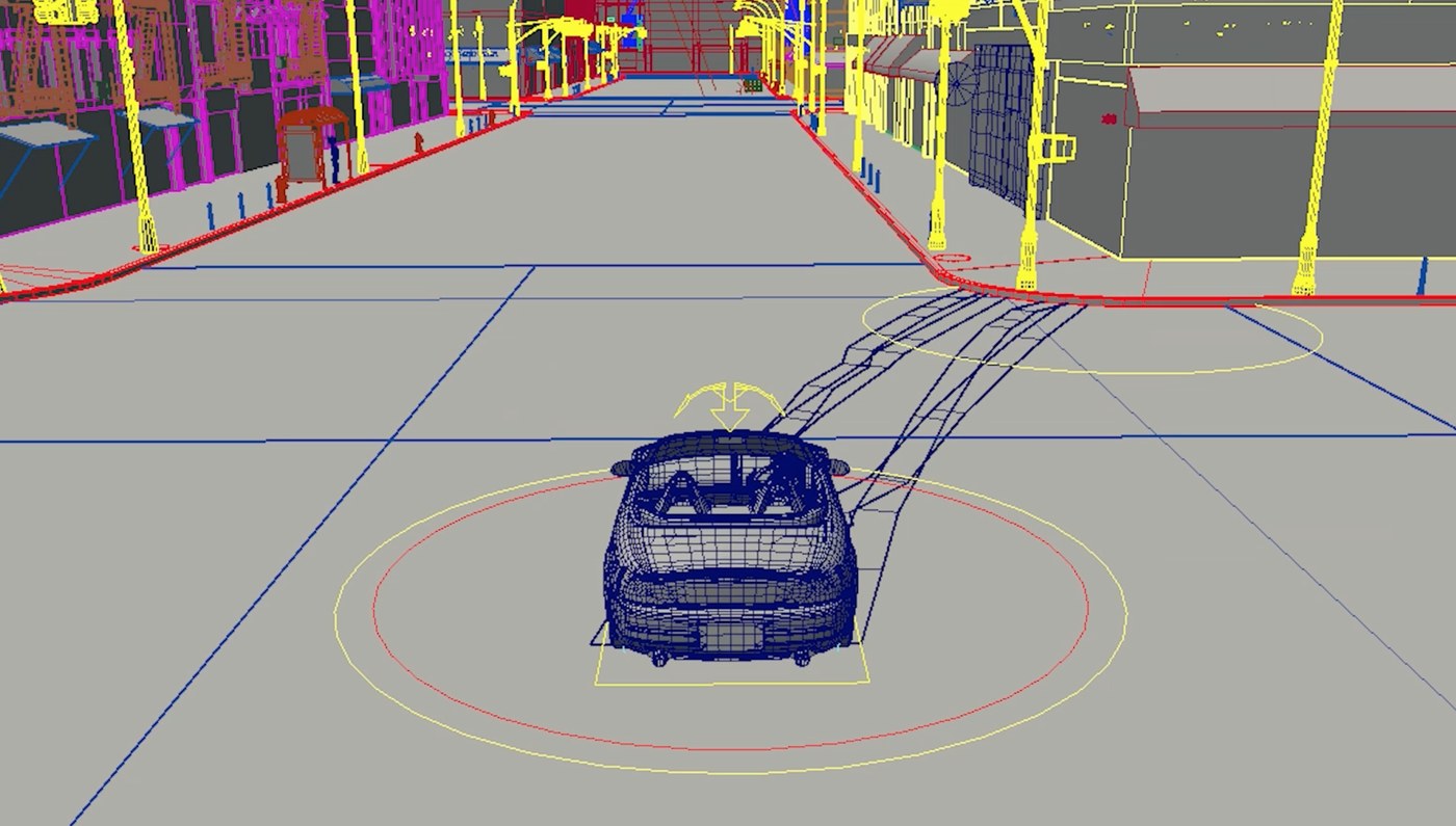 The same city street in a 3D viewport, the car and buildings shown as coloured wireframes