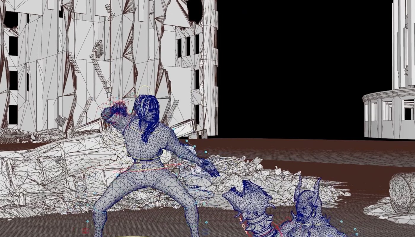 A ruined city arena in untextured grey geometry with two character rigs mid fight