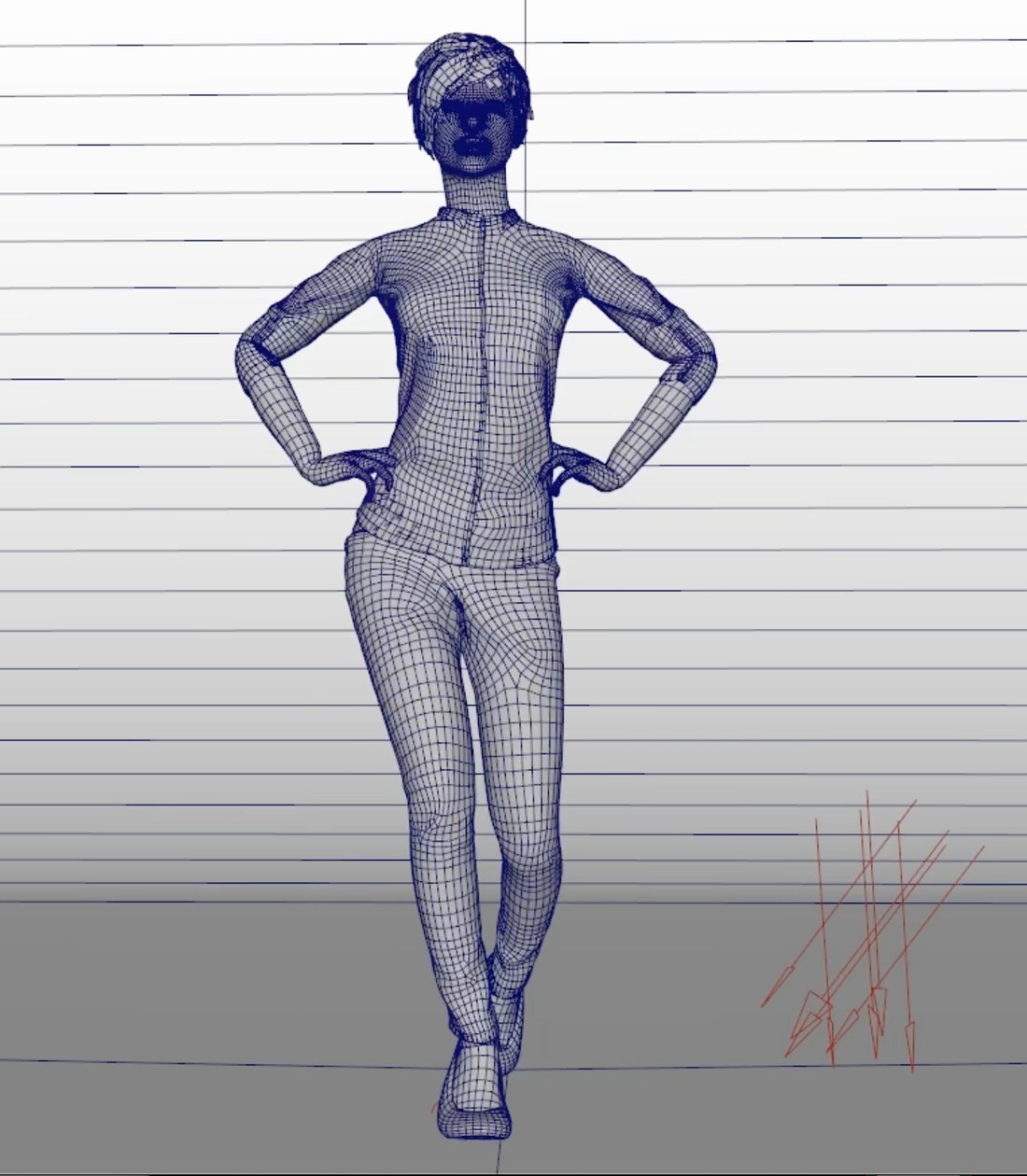A character turnaround wireframe against a measured backdrop