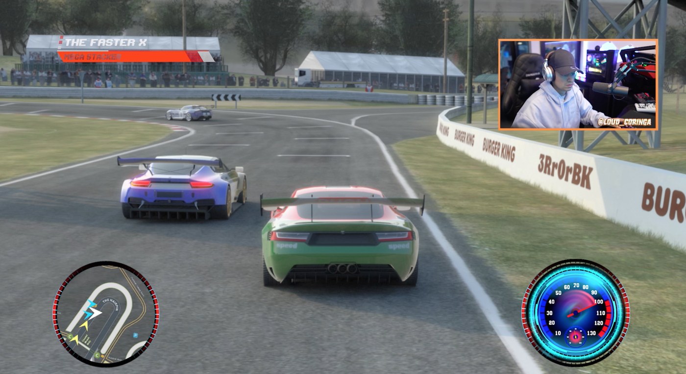 A racing game with a streamer webcam inset, trackside boards reading 3Rr0rBK and Burger King