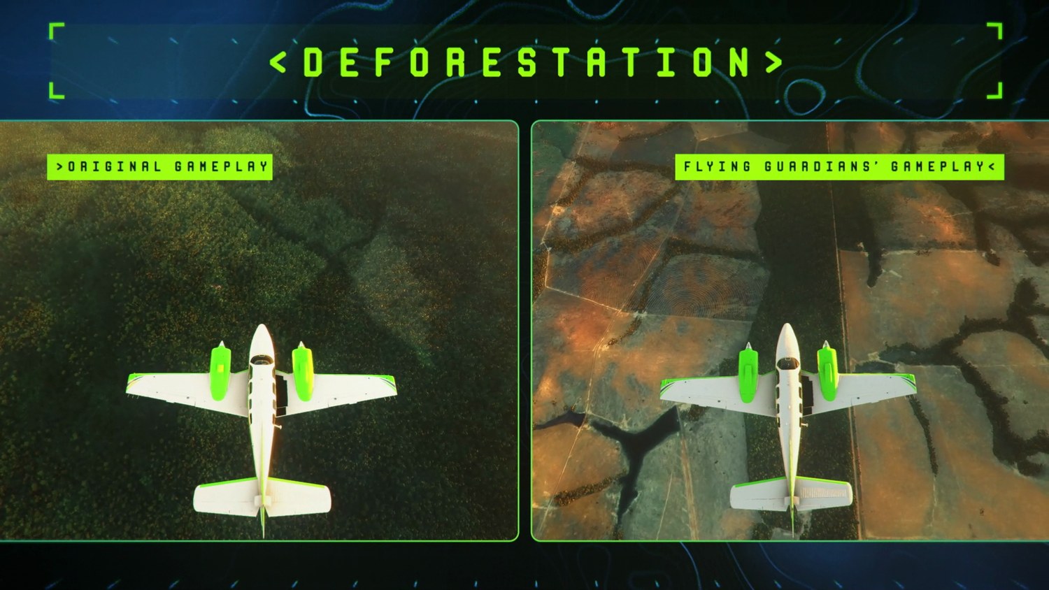 A split screen titled deforestation, original gameplay showing unbroken forest beside Flying Guardians gameplay showing cleared ground