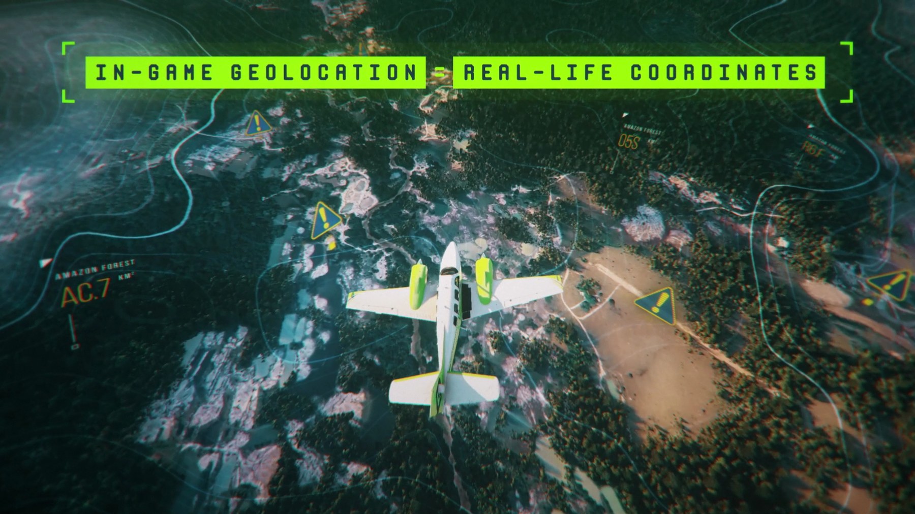 A plane over a mining site with in game markers, the line reading in-game geolocation equals real-life coordinates