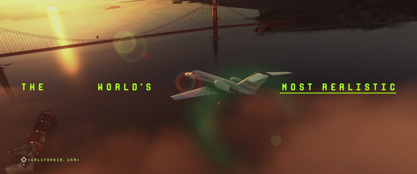 A plane over a suspension bridge, the words the world’s most realistic