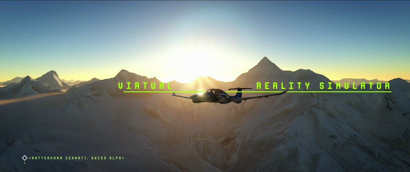 A plane over mountains at sunrise, the words virtual reality simulator