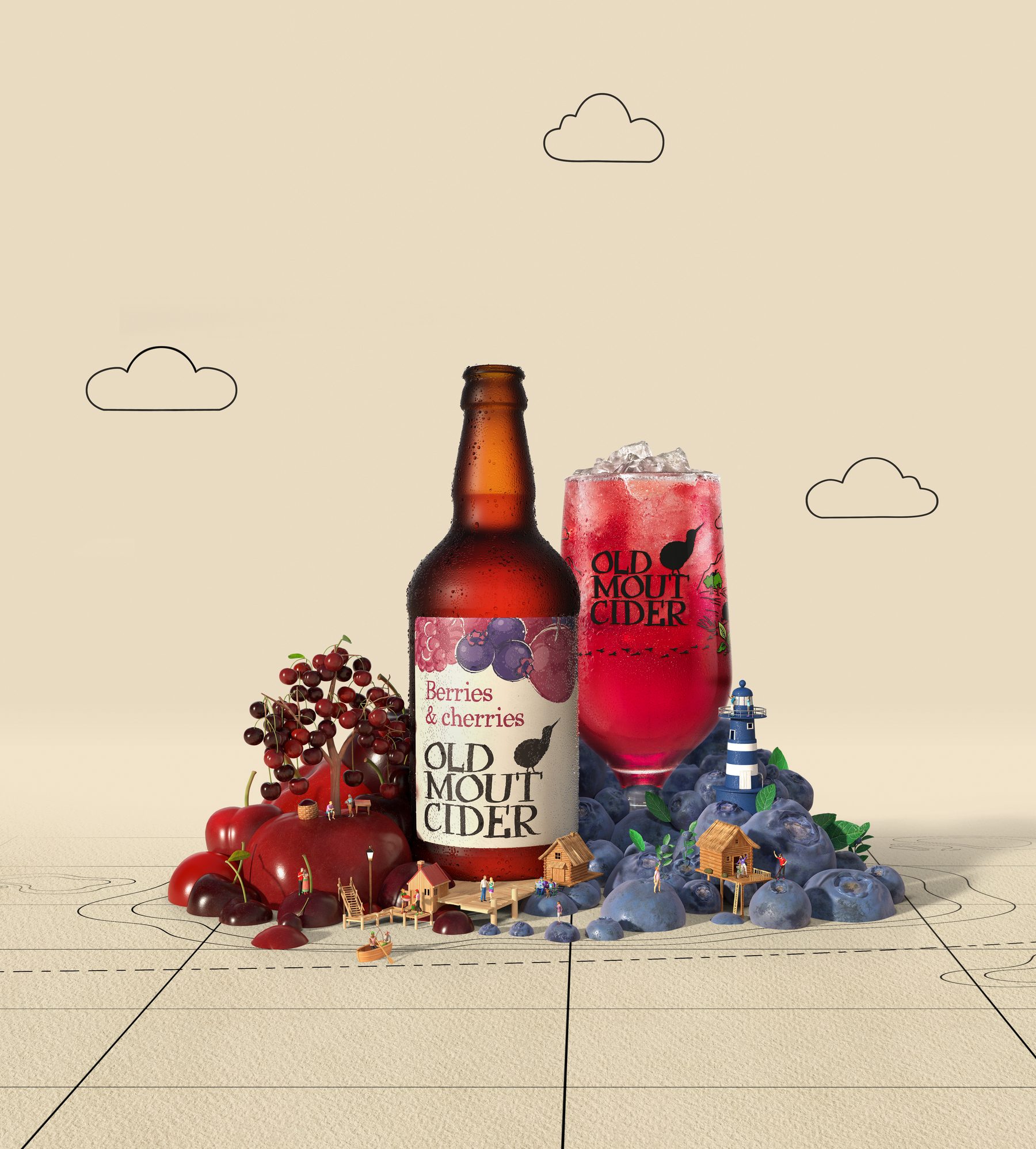 Berries and Cherries billboard, cherry orchards and blueberry cabins gathered around the bottle