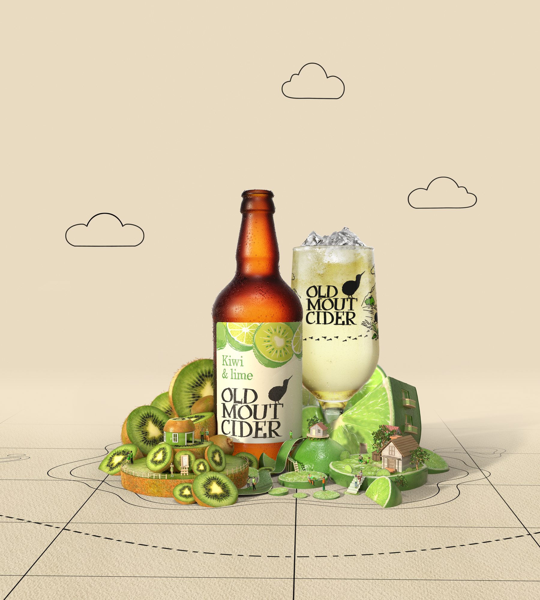 Kiwi and Lime billboard, kiwi slice farmland and a lime hillside town