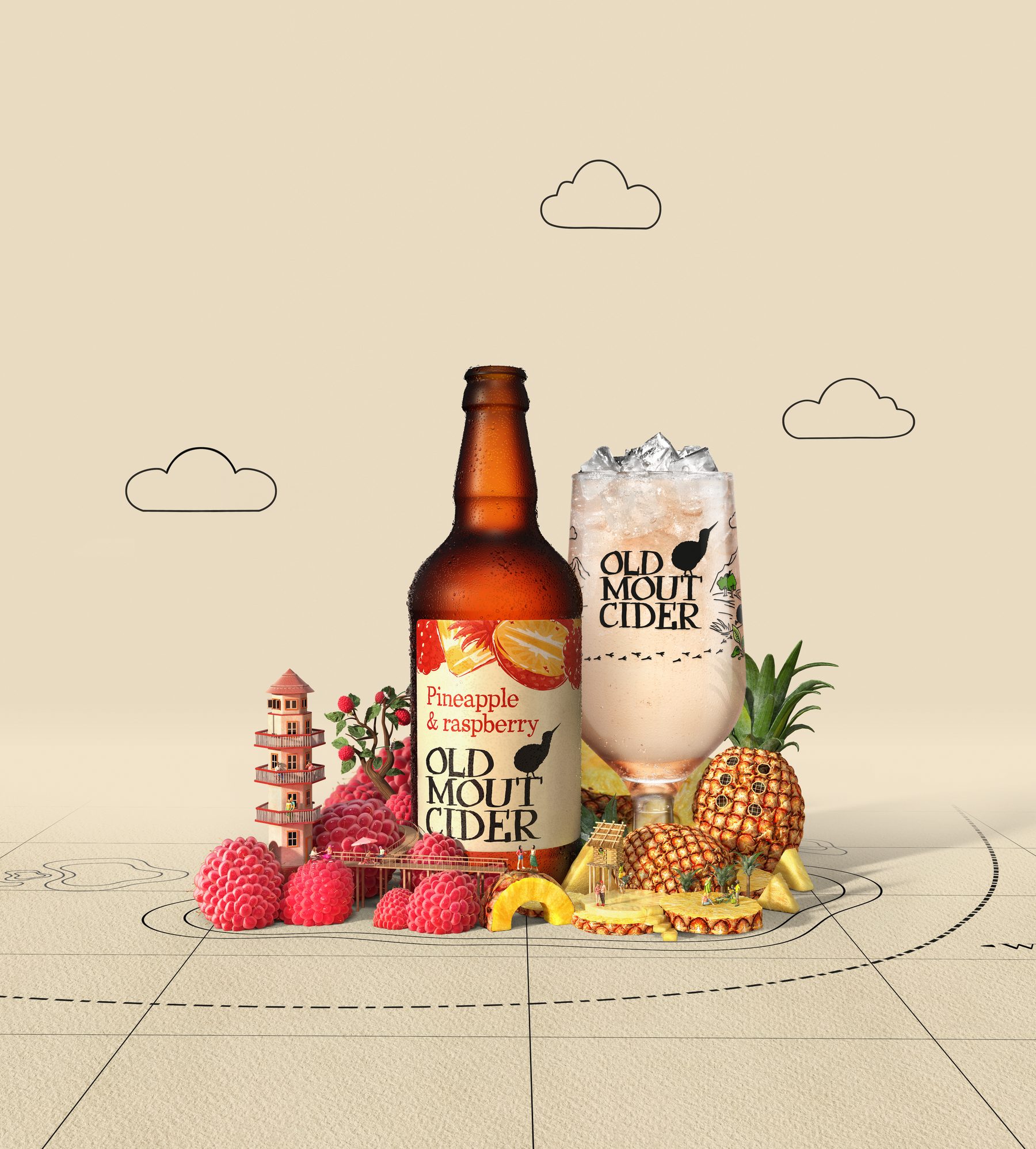 Pineapple and Raspberry billboard, raspberry islands with a lighthouse beside a pineapple village