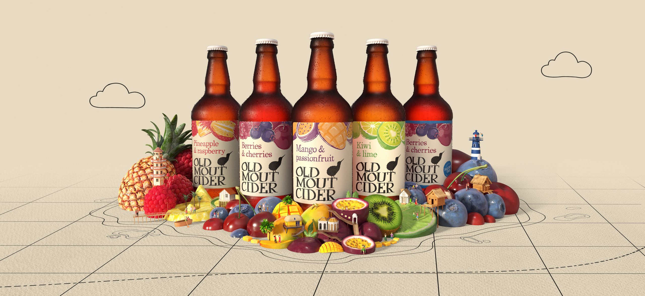 The full Old Mout range billboard, five bottles rising from a map of Moutopia with each flavour built as an island