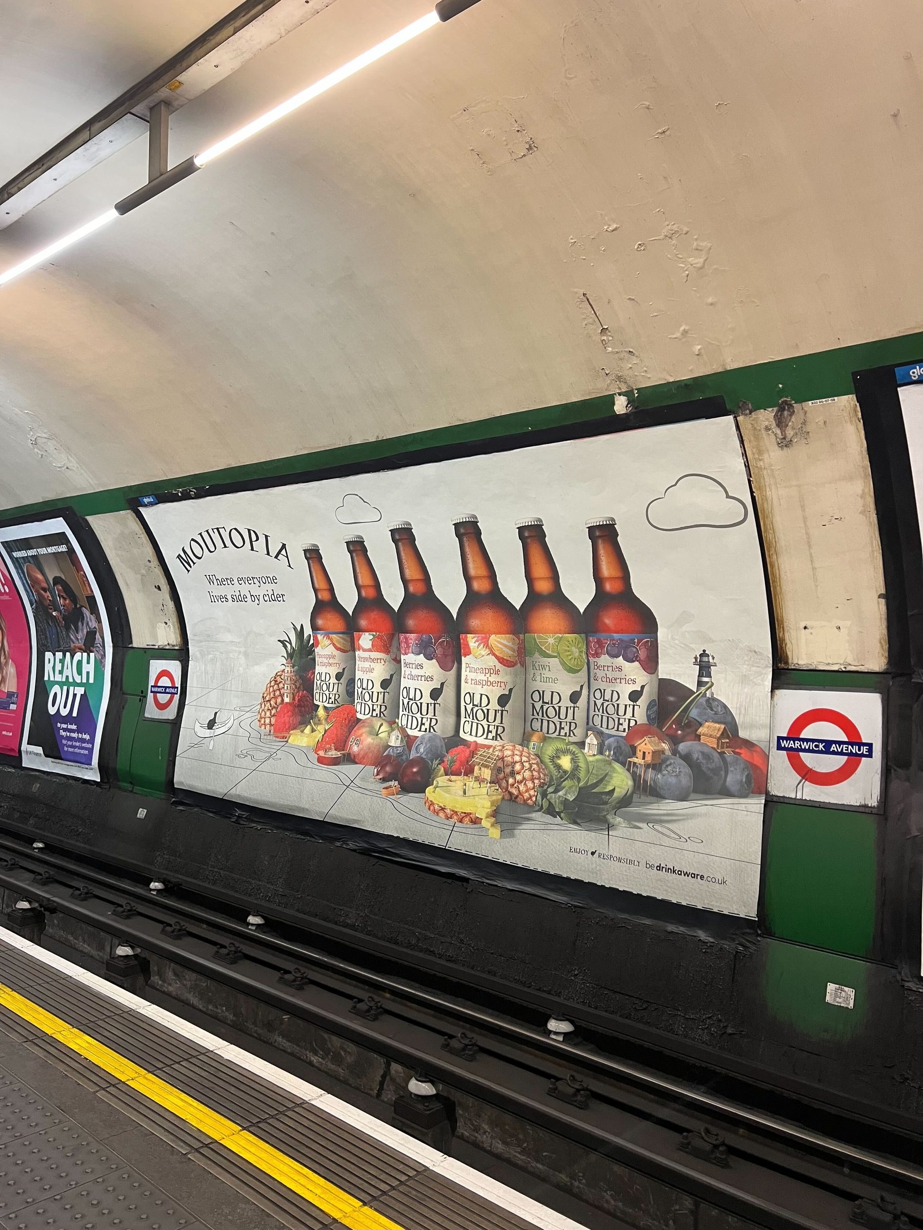 The Moutopia range board installed across the track at Warwick Avenue Underground station