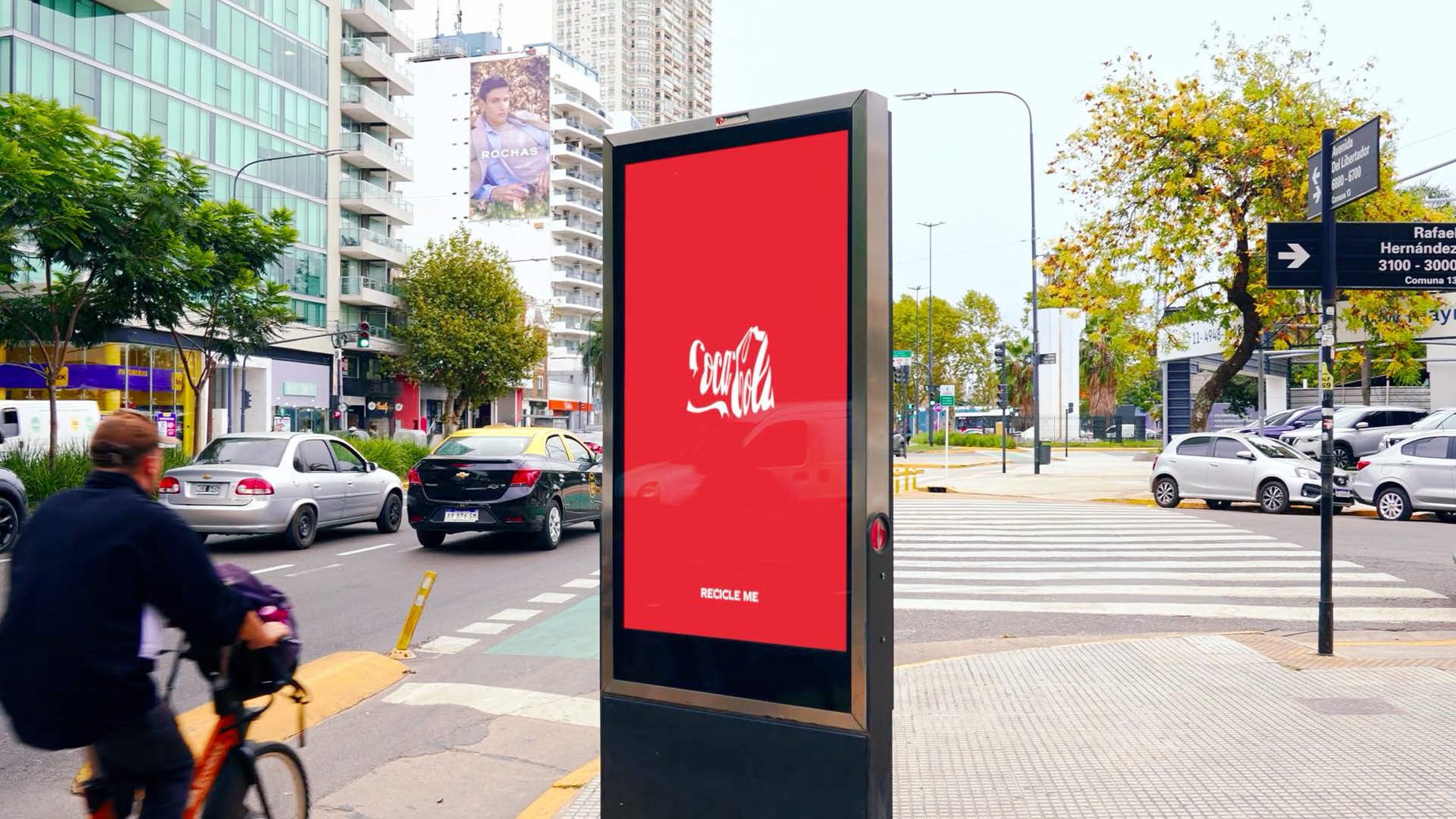 A digital street totem running Recycle Me on Avenida del Libertador