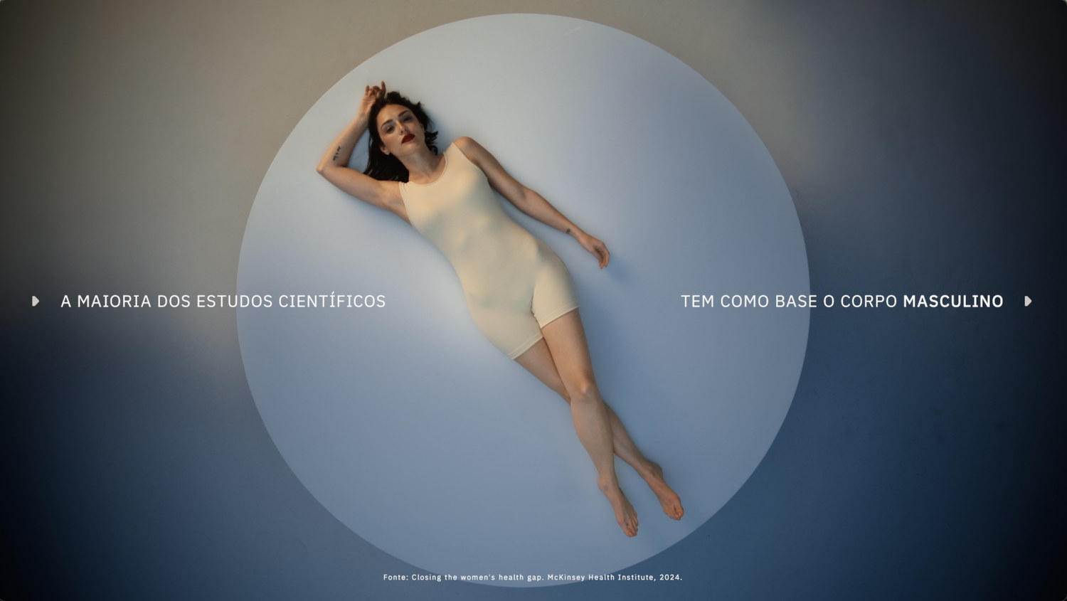 A woman lying inside a lit circle, a line across the frame stating that most scientific studies are based on the male body