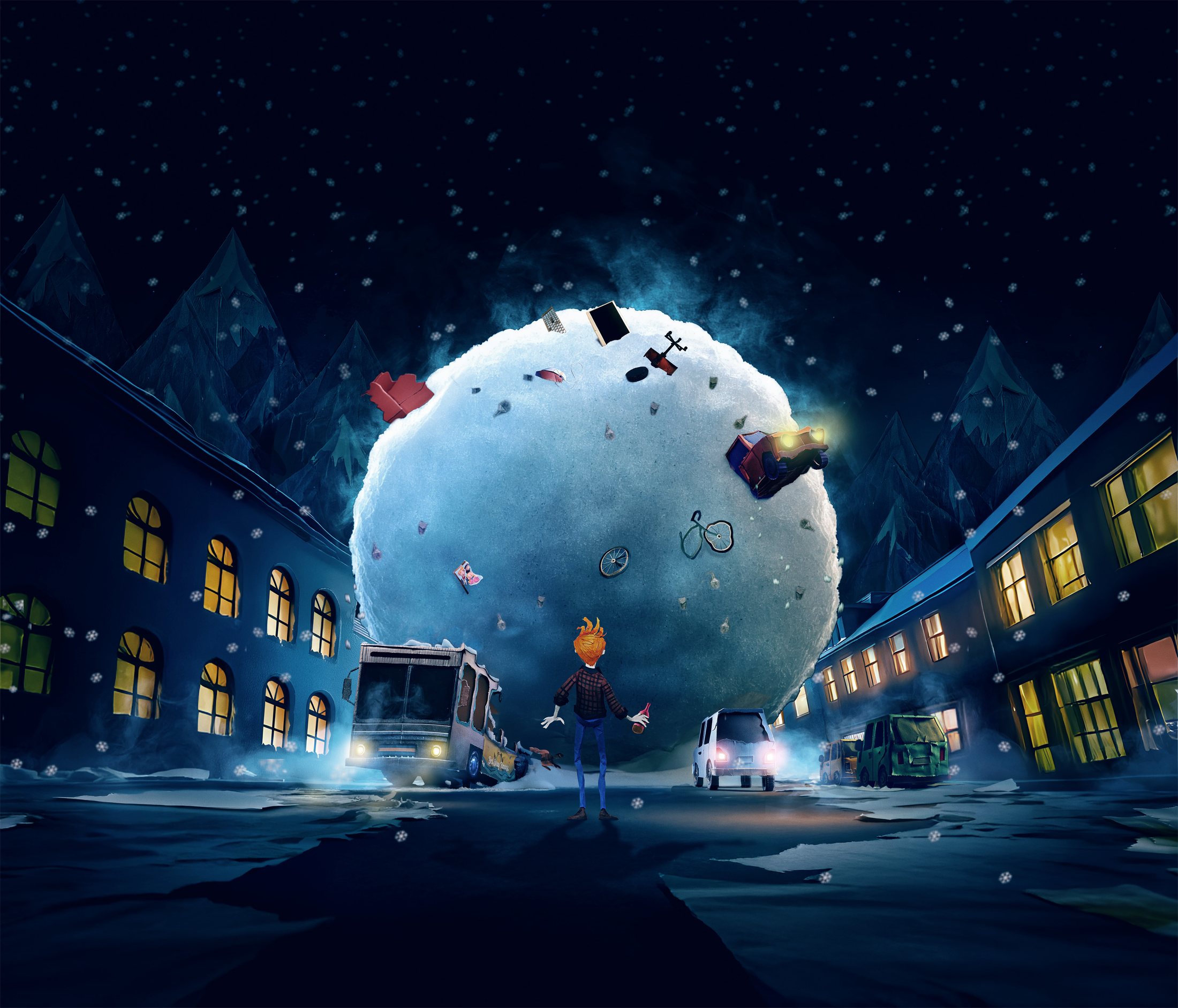 The Snowball street poster, a snowball the size of a building rolling down a snowy town street at night