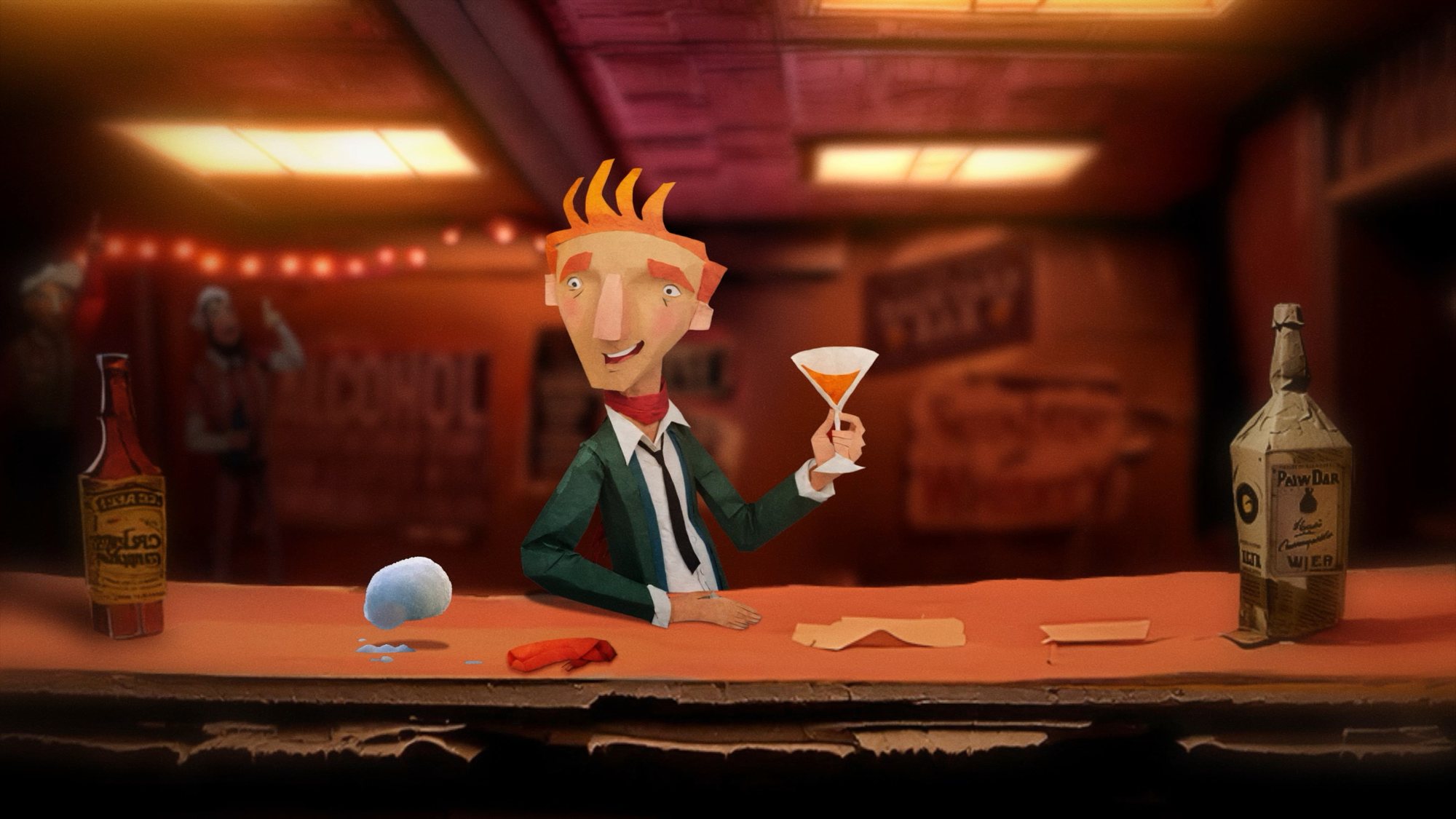 The bartender pouring a drink, warm red interior