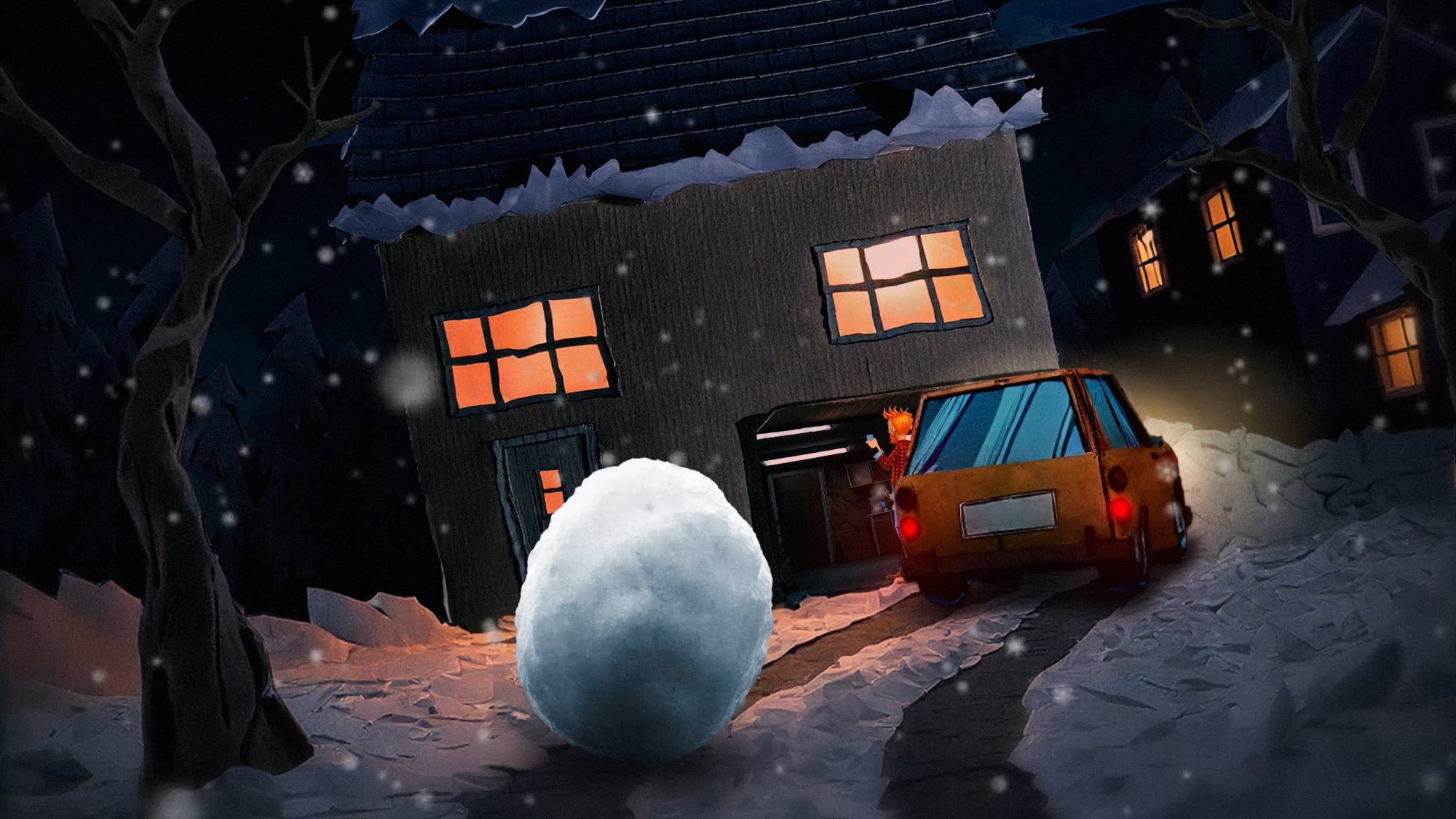 The snowball, now the size of a house, resting against a home