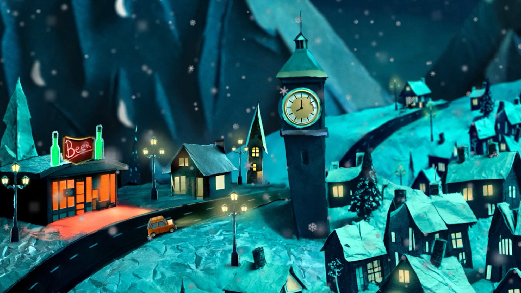 The snowbound town at night, teal light and small lit windows