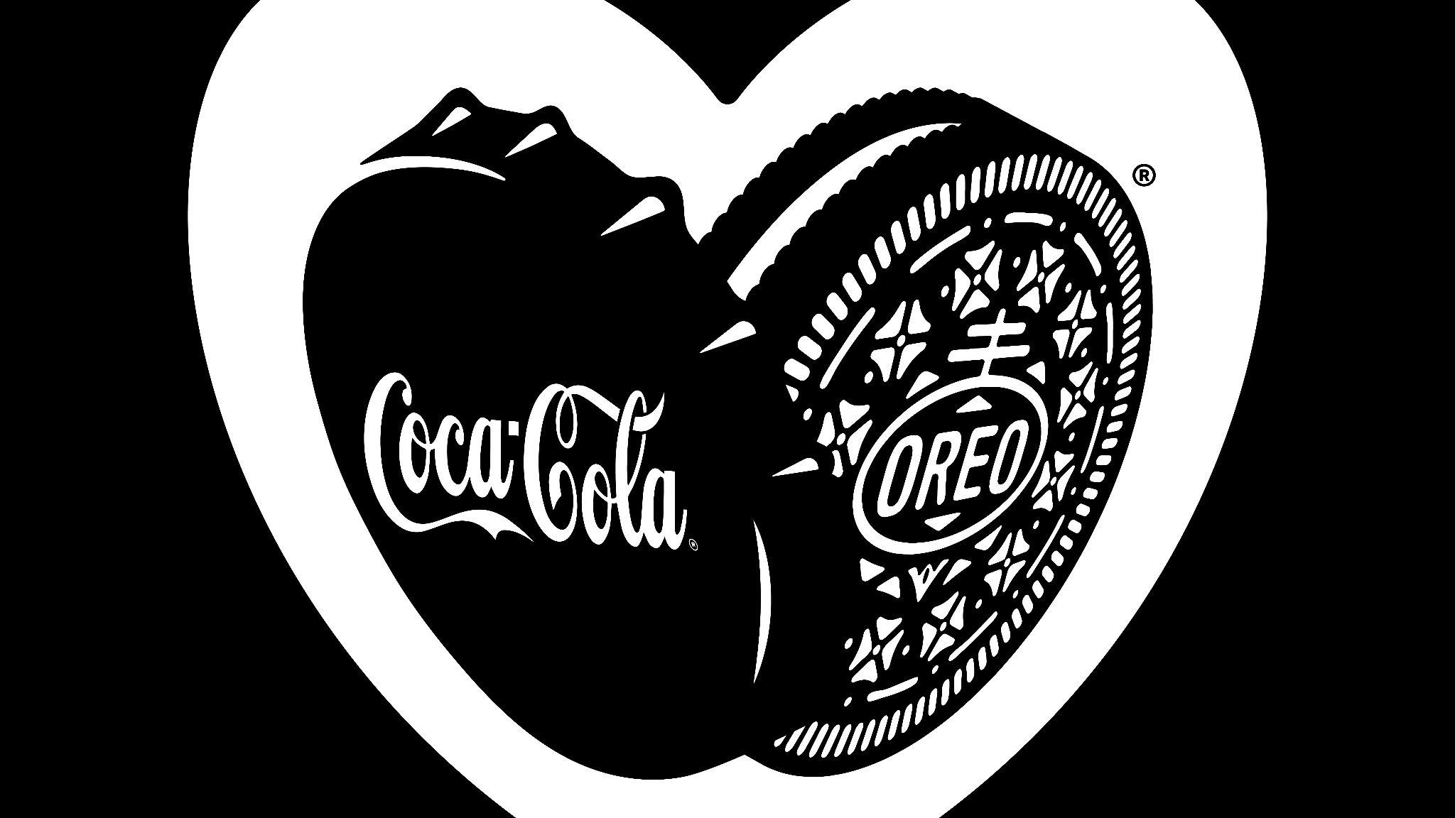 A white heart holding a Coca-Cola bottle and an Oreo cookie, the campaign lockup by LOBO