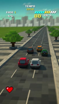 A voxel highway of blocky cars under an arcade tempo meter, from GM Restart by LOBO