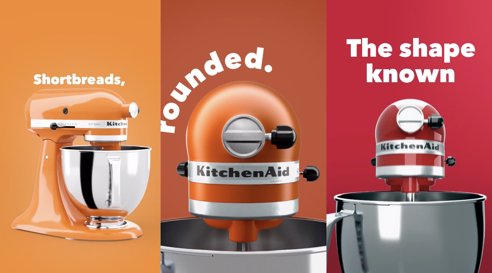 Type tracing the contours of a KitchenAid stand mixer, one colourway per film