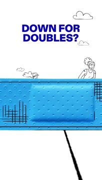 Down for doubles, a line-drawn pickleball player over a blue plaster net, Pfizer EverBlue vertical by LOBO