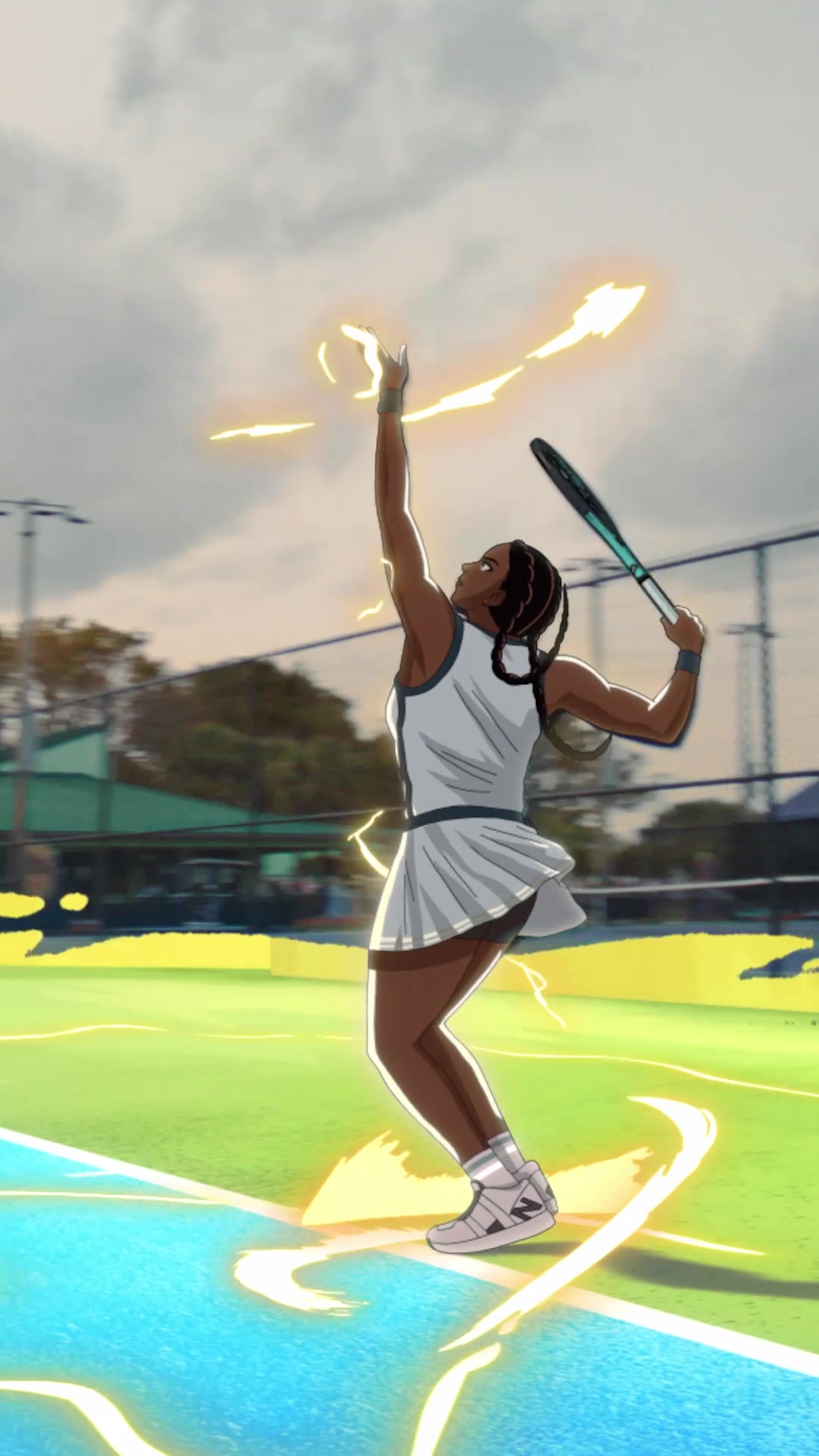 Coco Gauff mid-serve with an anime energy trail, vertical cut by LOBO